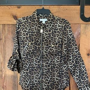 MICHAEL KORS LEOPARD PRINT ZIP UP BLOUSE